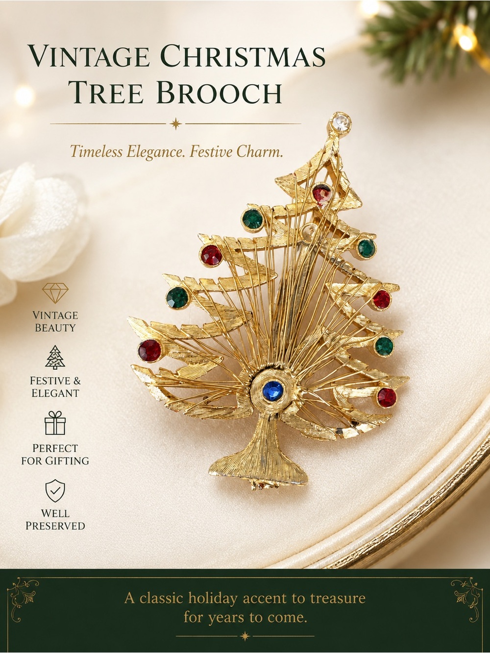 Rare Vintage LJM Christmas Tree Brooch – Gold Tone Rhinestone Holiday Pin